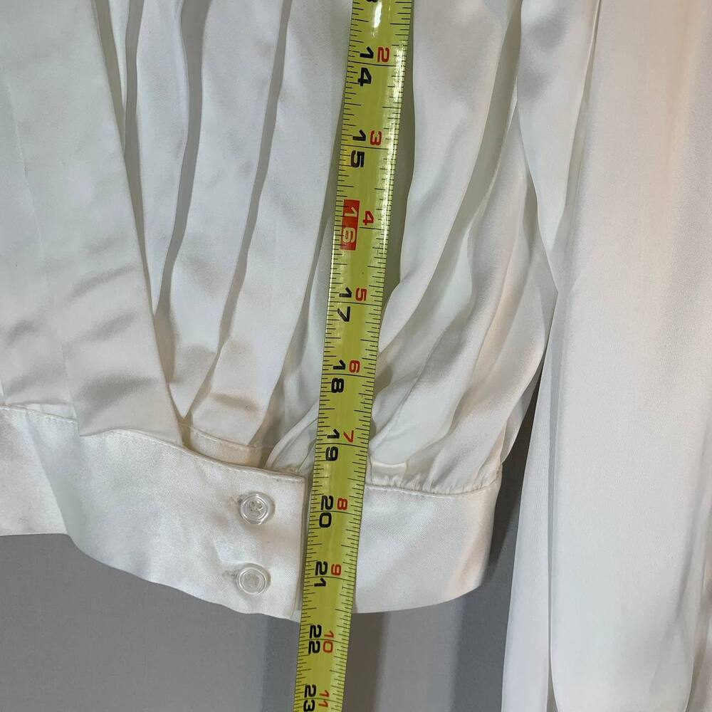 SMYTHE Women Pleated Crossover Blouse M Ivory Satin Viscose Top Balloon Sleeve - Picture 7 of 11